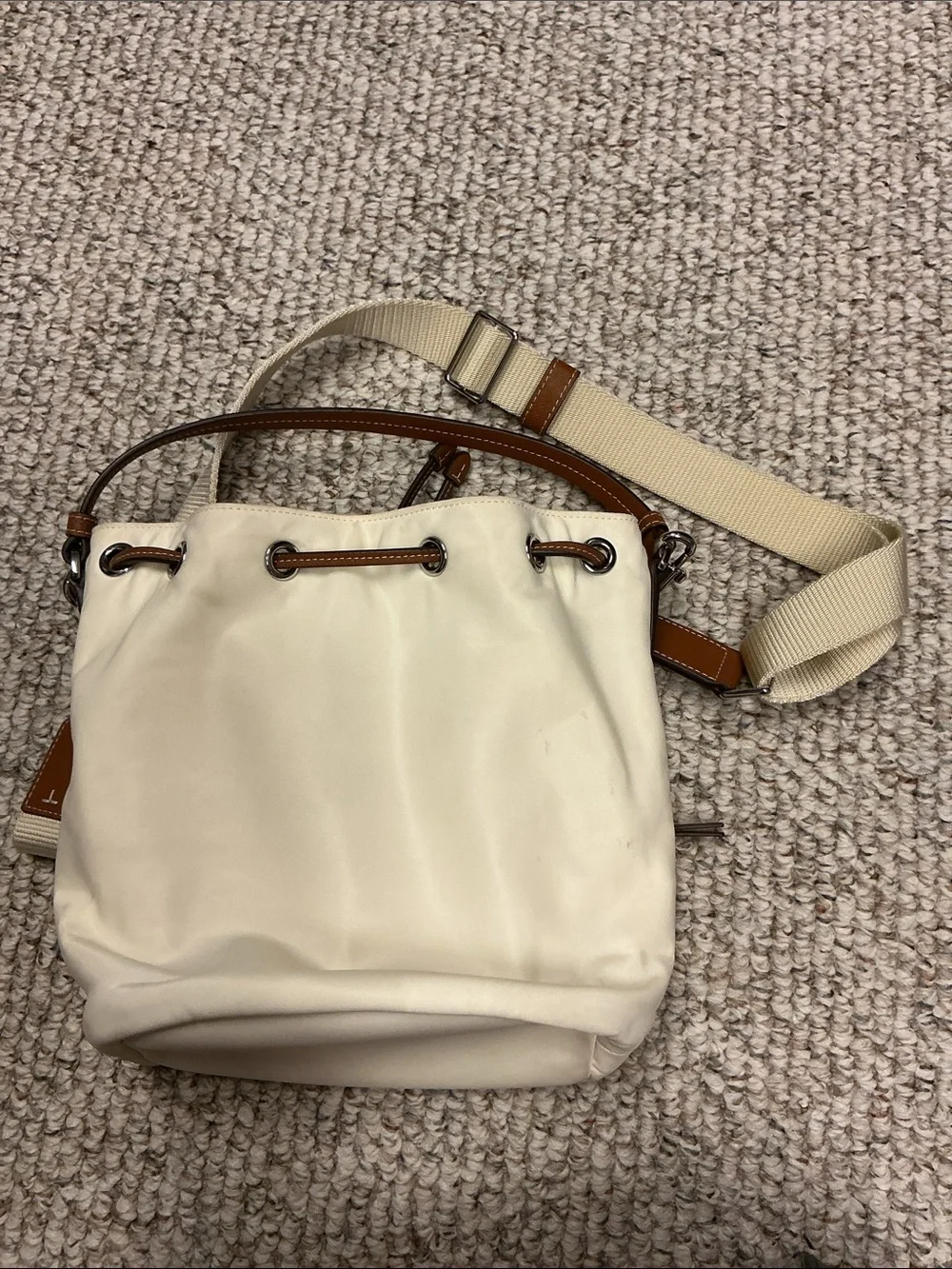 Tory Burch Cream Drawstring Bucket Bag with Brown Trim